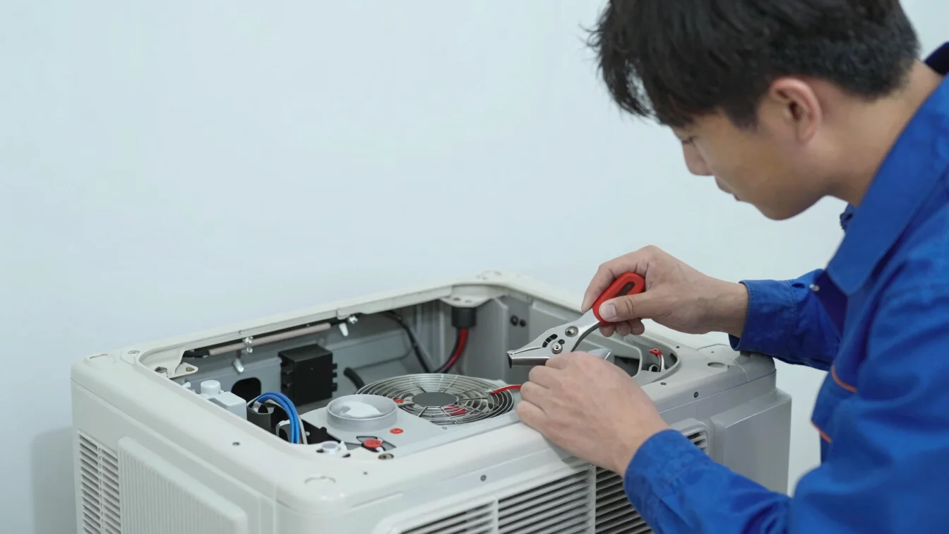 Technician repairing internal components of an air conditioning u