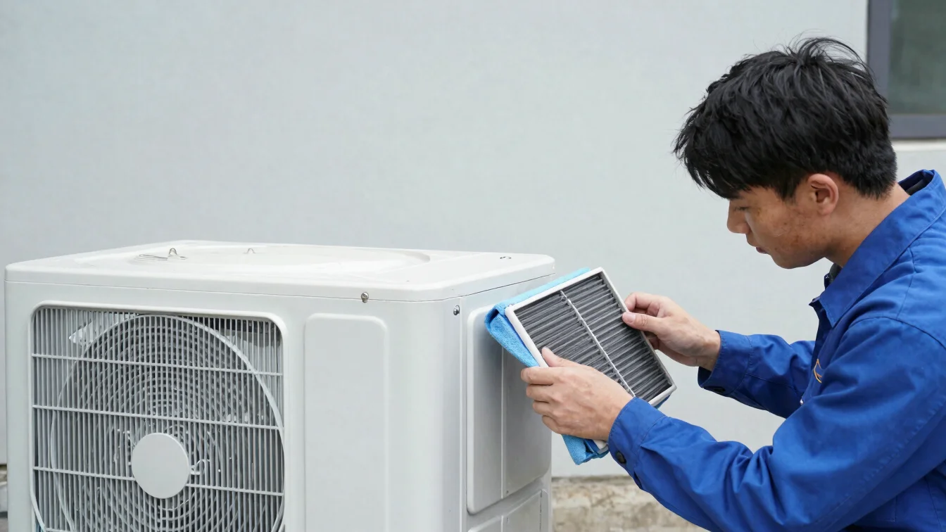 Technician performing seasonal maintenance and cleaning an air fi