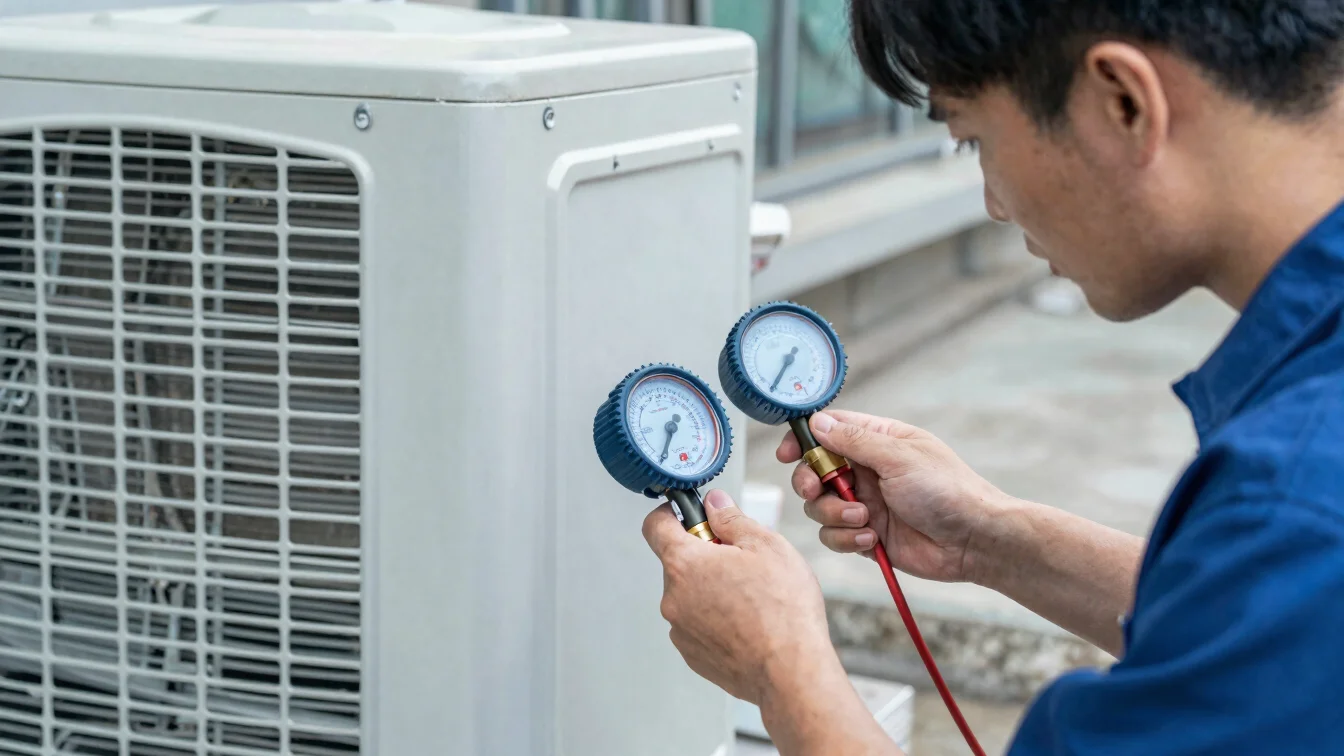 Technician using diagnostic gauges to check a residential air con