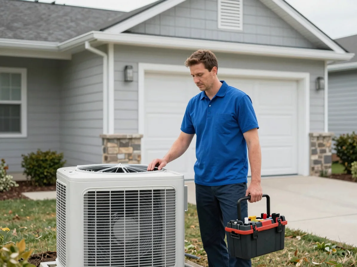 Air conditioning technician arriving at a residential home with t