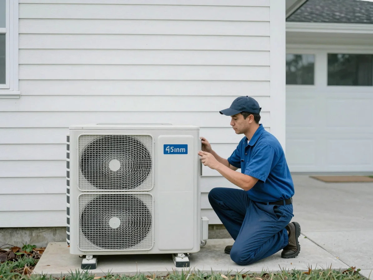 Wide, clean editorial photograph of an HVAC technician inspecting