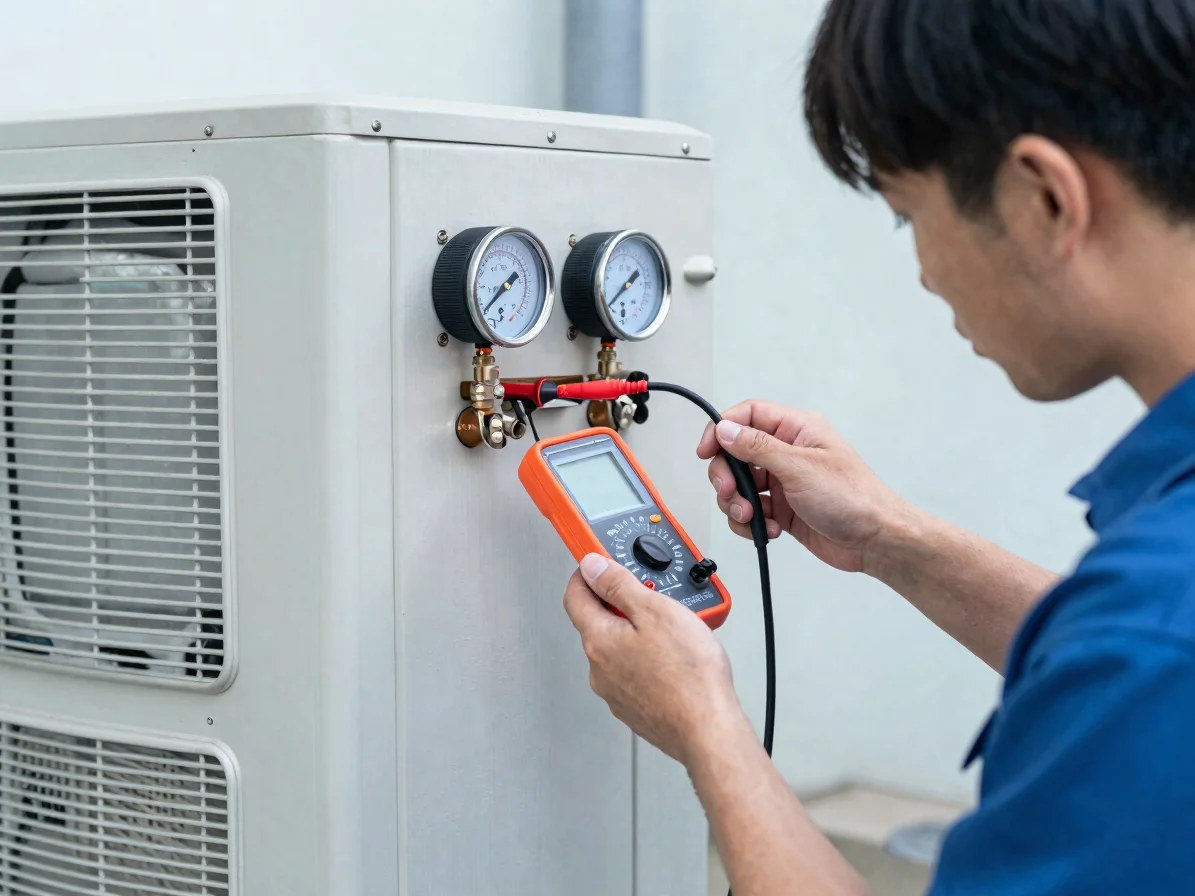 Close detail of an HVAC technician using a multimeter and gauges on the electrical panel of a residential air conditioni