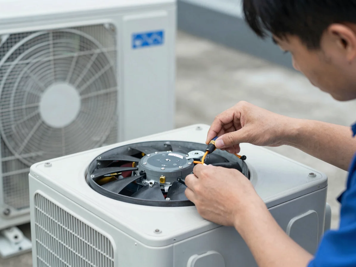 Close detail of a technician reconnecting a fan motor assembly inside an outdoor air conditioning cabinet, neutral dayli