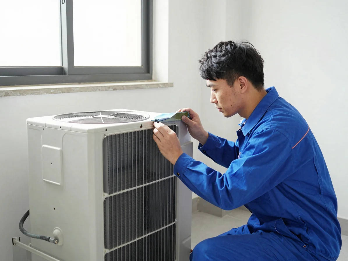 Wider view of a technician cleaning and checking an indoor evaporator coil in an ordinary residential utility room, clea
