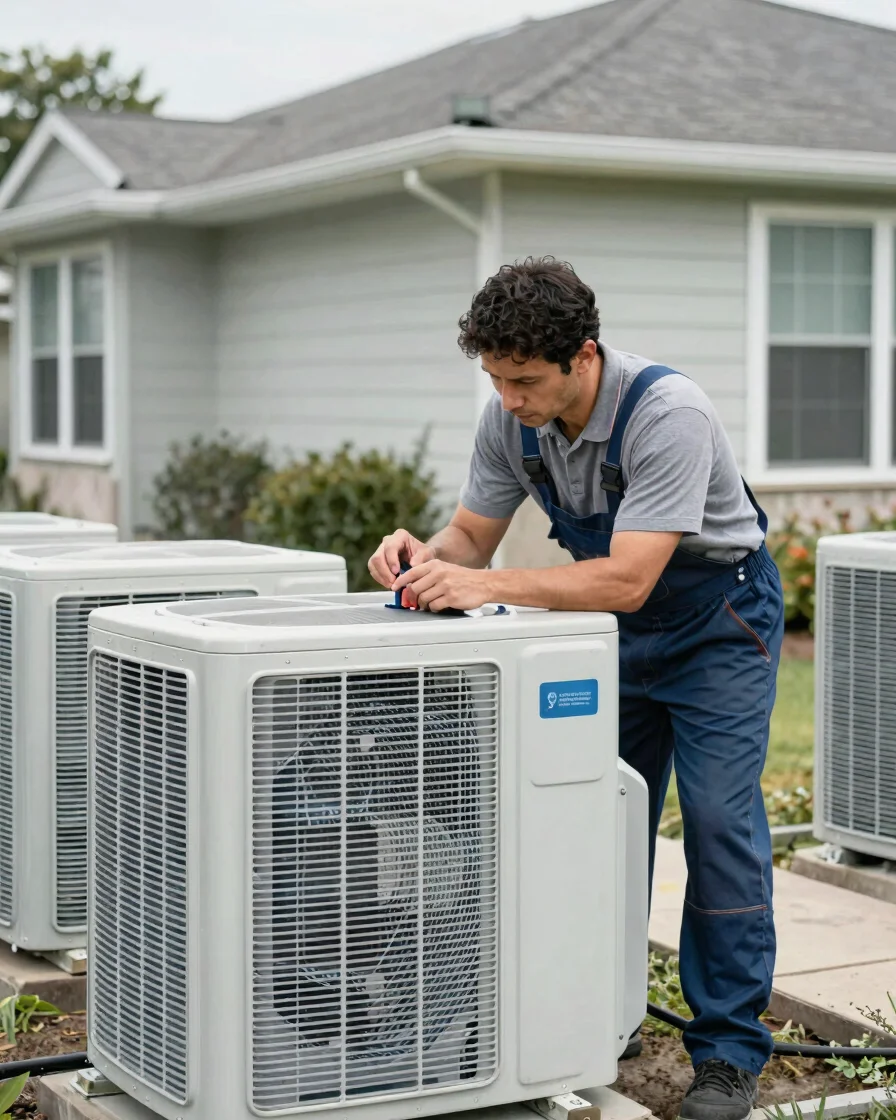 Technician inspecting an outdoor air conditioning condenser unit